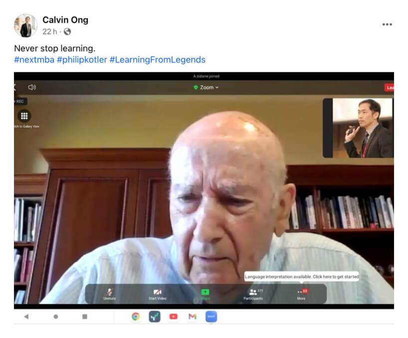 A post about lifelong learning, with a photo of a LONED video call with Philip Kotler.