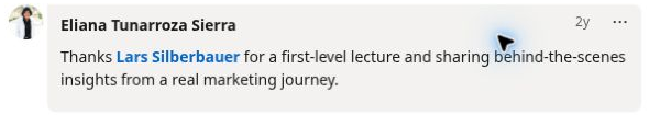 Original LinkedIn comment thanking Lars Silberbauer for his lecture and practical marketing insights.