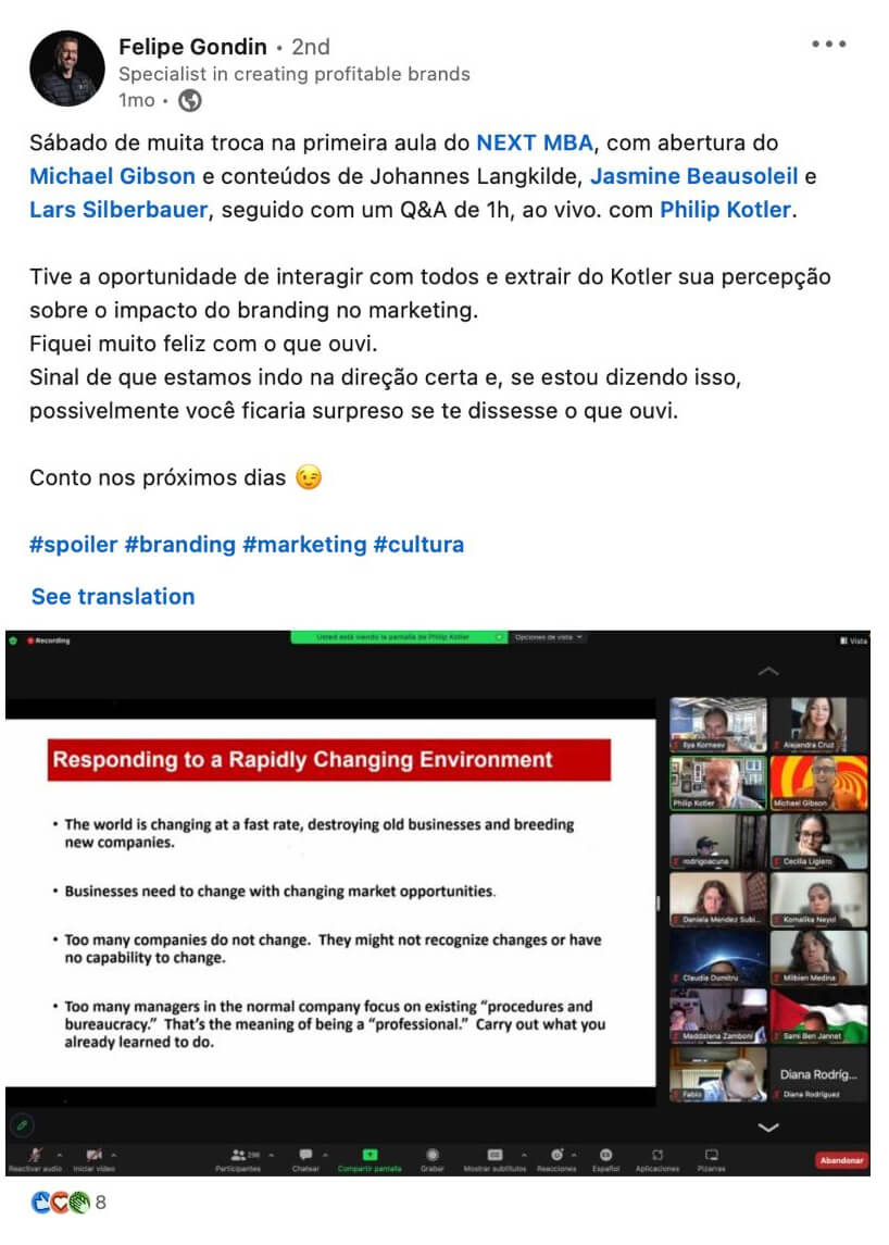A post in Portuguese about the first LONED class and a live question-and-answer session with Philip Kotler.