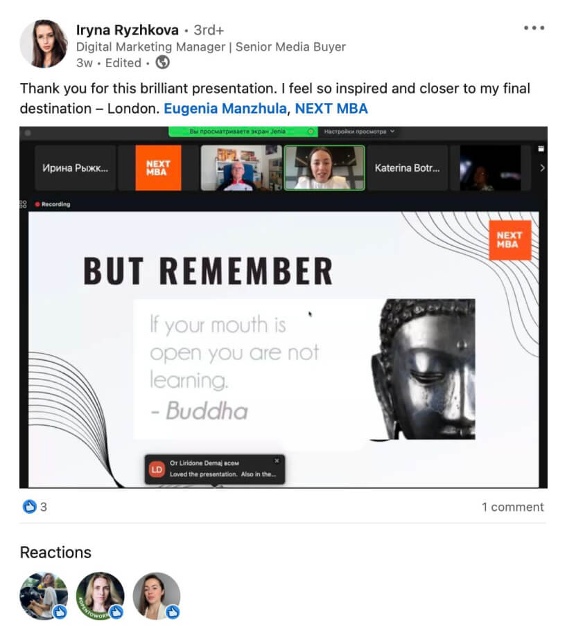 A post thanking Eugenia Manzhula and LONED for an inspiring presentation, with a screenshot of the live class.