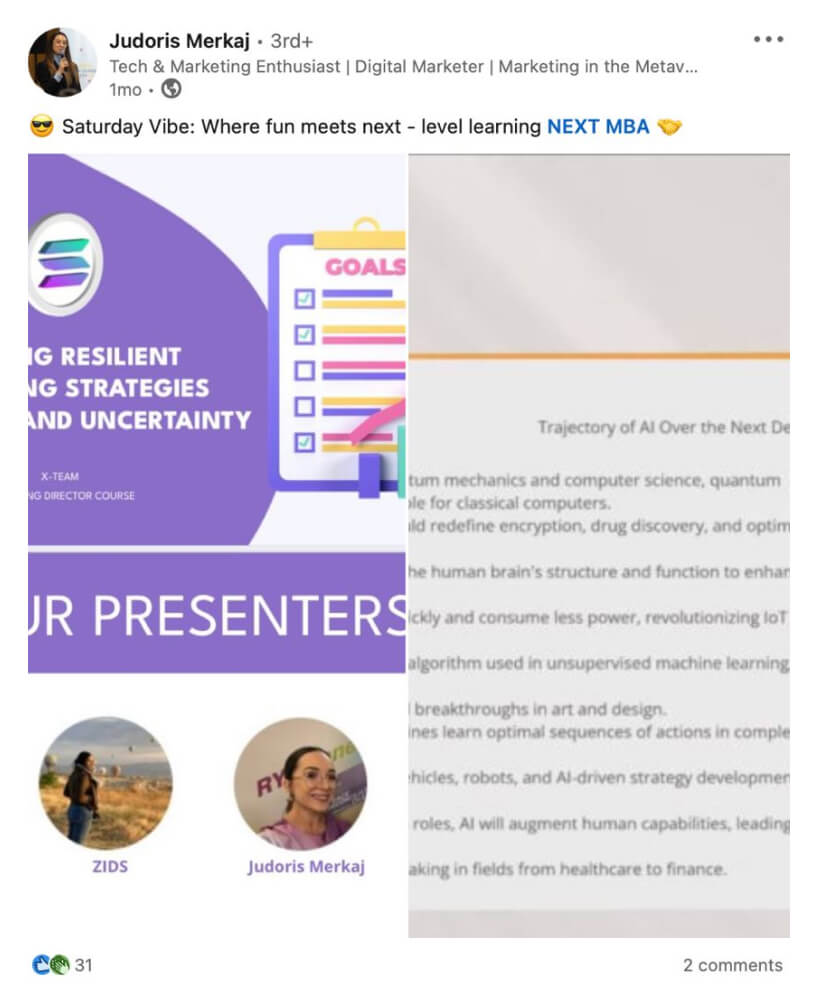 A post sharing a Saturday of learning at LONED, with photos of marketing and AI presentations.