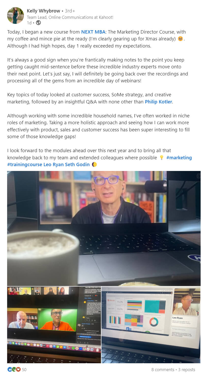 Kelly Whybrow’s LinkedIn post describing the first day of the LONED Marketing Director Course as exceeding her expectations, with photos of the session.