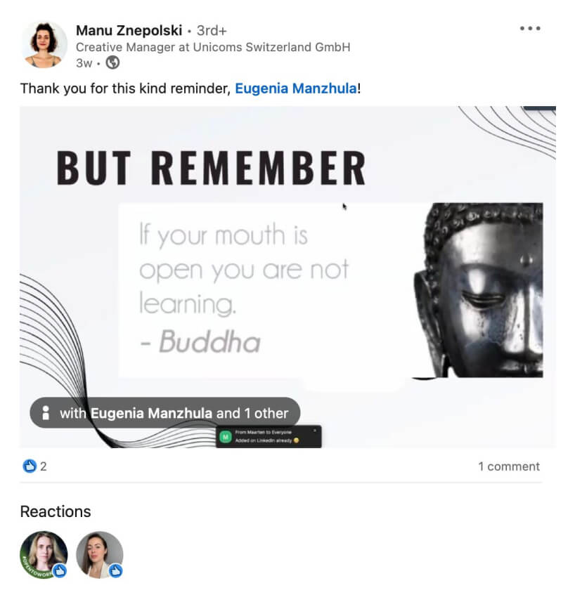 A post thanking Eugenia Manzhula and sharing a slide from a LONED presentation.