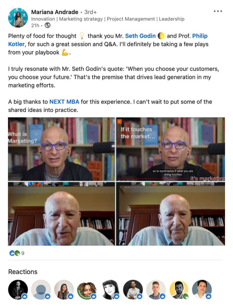 Mariana Andrade’s LinkedIn post thanking LONED, Seth Godin and Philip Kotler, with images from the classes.