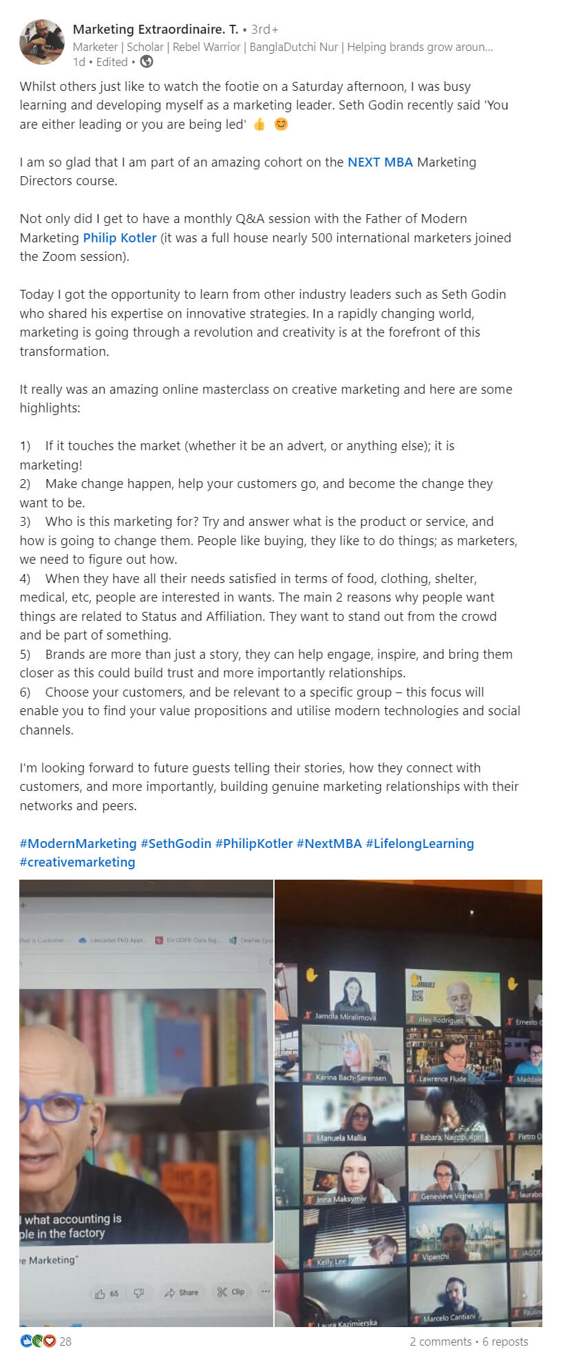 A LinkedIn post by Marketing Extraordinaire. T. about the Marketing Directors course and learning with Seth Godin and Philip Kotler, followed by class photos.