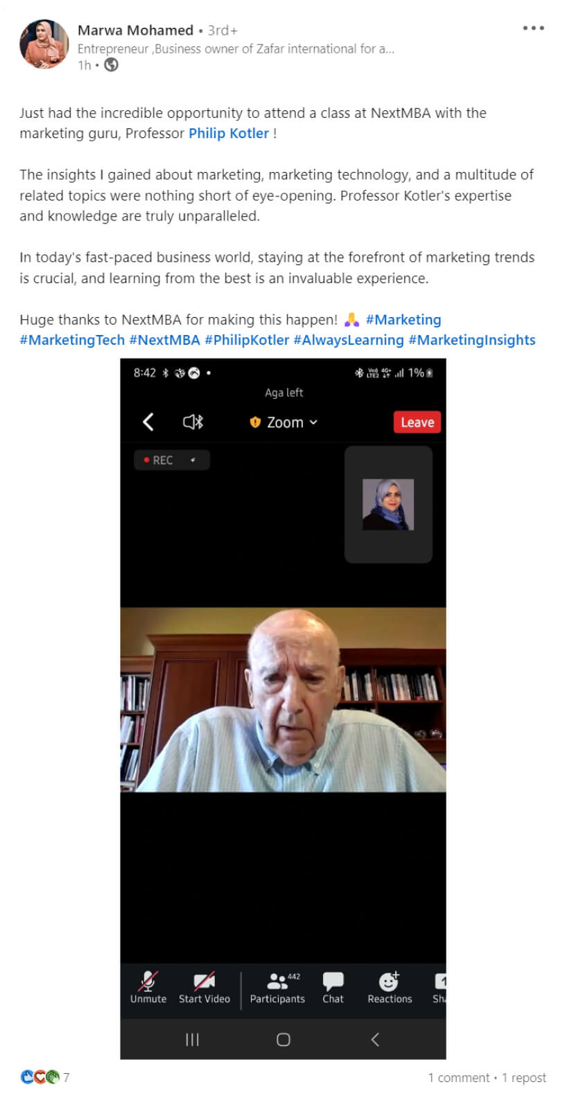 A post thanking LONED for a class with Philip Kotler and describing insights into marketing and marketing technology.