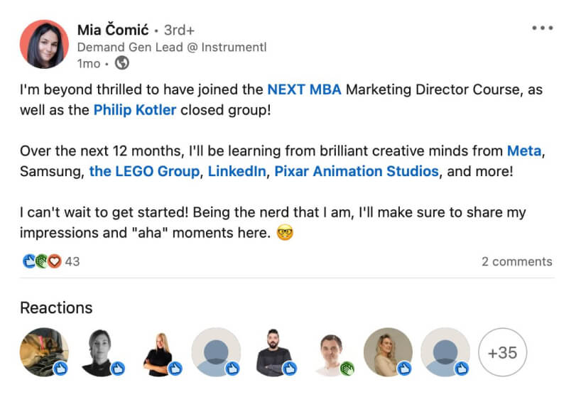 A post sharing excitement about joining the LONED Marketing Director Course and Philip Kotler’s group.